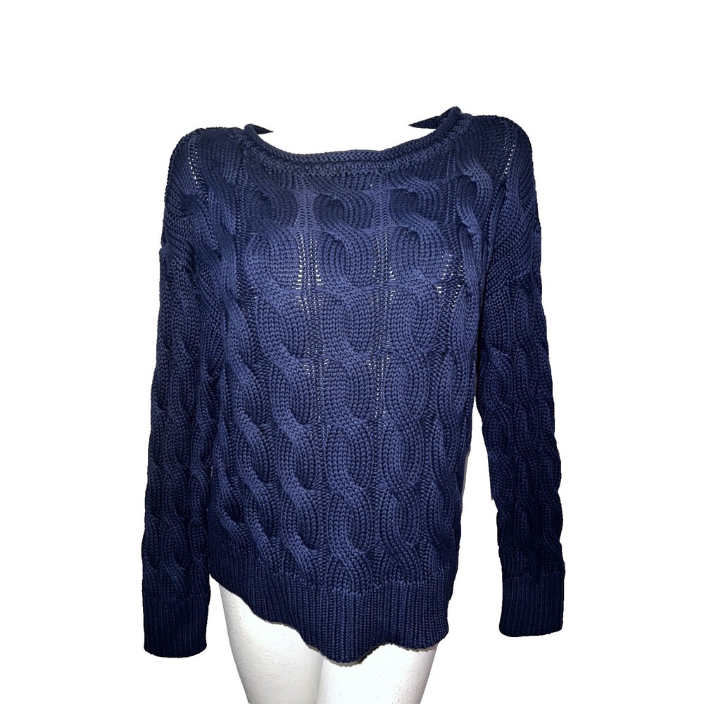 New Lucky Brand Womens Navy Blue Cable Knit Cotton Sweater Large Chunky Pullover